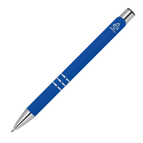 Blue gel pen with metal elements and cap.