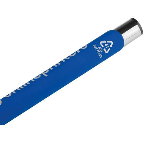 Blue gel pen with metal elements and pattern.