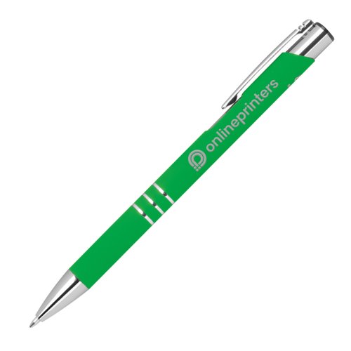 Green gel pen with metal accents and cap.