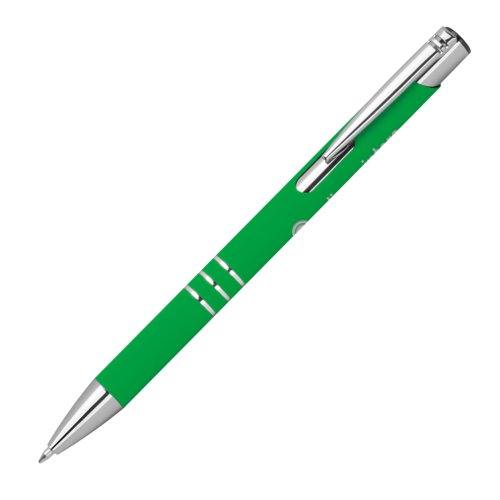 Green gel pen with metal elements and clip.