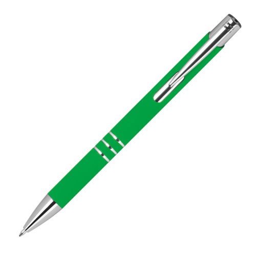 Green gel pen with clip and push button.