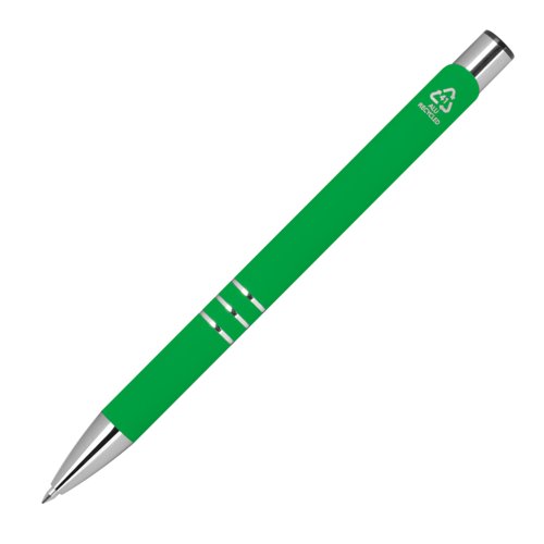 Green gel pen with metal elements and pattern.