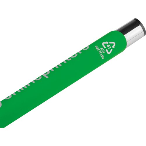 Green gel pen with metal elements and push mechanism.