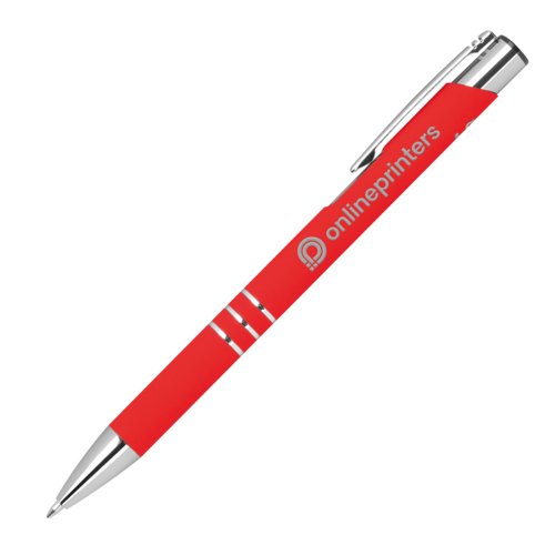 Red gel pen with pattern and push mechanism.