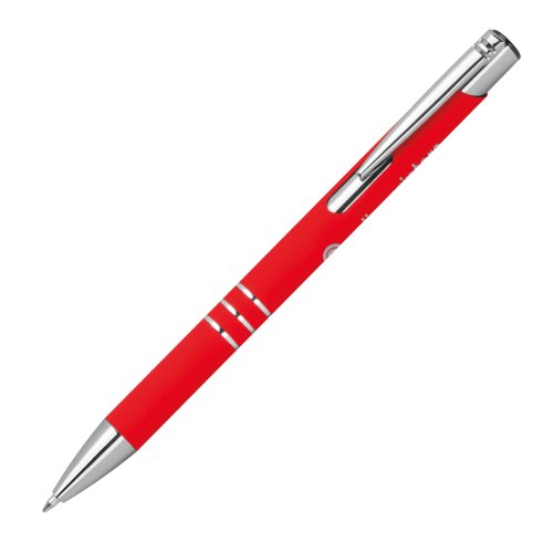 Red gel pen with pattern, metal elements, and push mechanism.