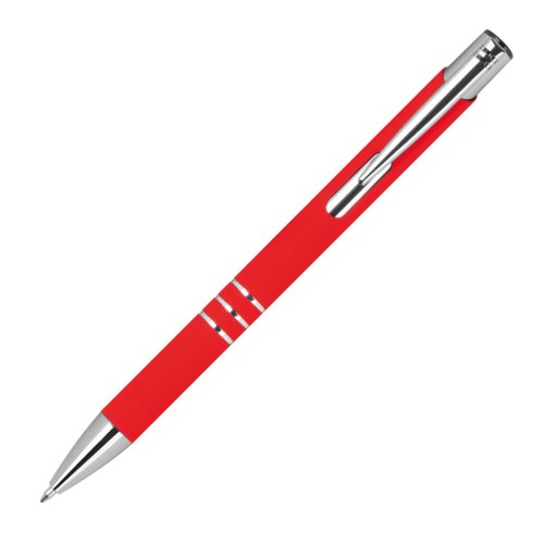 Red gel pen with clip and push button.