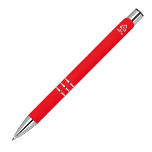 Red gel pen with metal elements and push mechanism.