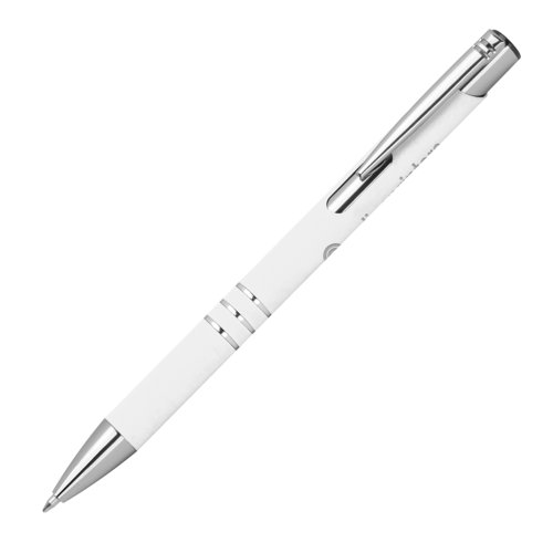 White plastic gel pen with metal elements and clip.