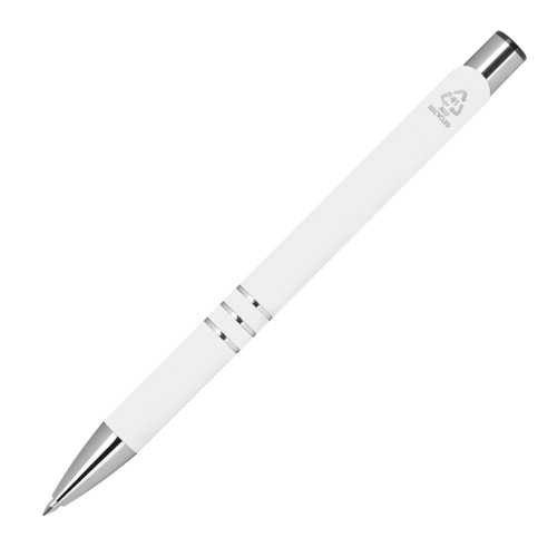 White gel ink pen with metal elements and push mechanism.