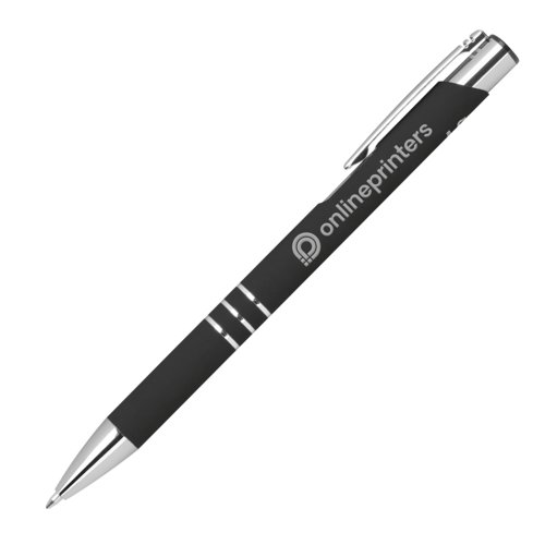 Black gel pen with metal elements and clip.