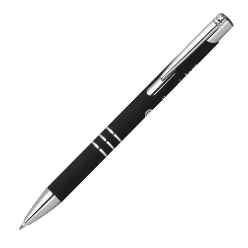 Black gel pen with pattern, clip, and push mechanism.