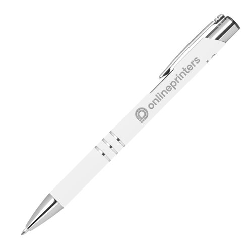 White gel pen with clip and push mechanism.