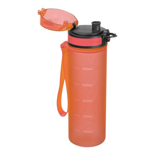 Orange Tritan water bottle with screw cap and carrying strap.