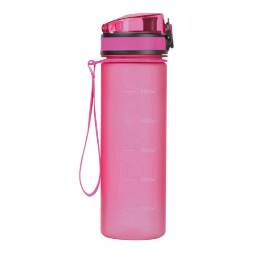 Pink Tritan water bottle with carrying strap.