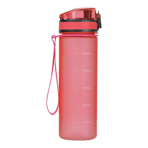 Pink Tritan water bottle with carrying strap.