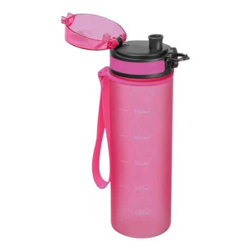 Pink Tritan drinking bottle with carrying strap and closure.