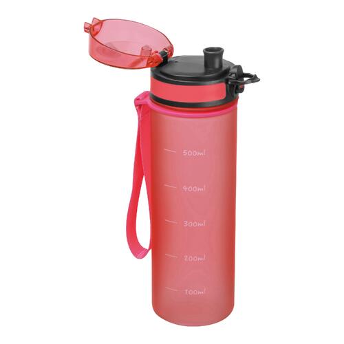 Pink Tritan drinking bottle with carrying strap and closure.