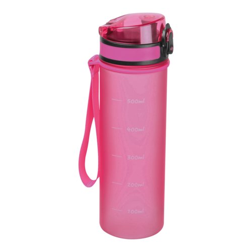 Pink Tritan water bottle with carrying loop and screw cap.