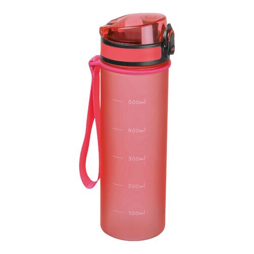 Pink Tritan water bottle with carrying loop and screw cap.