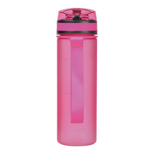 Pink Tritan water bottle with carrying strap.