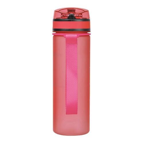 Pink Tritan water bottle with carrying strap.