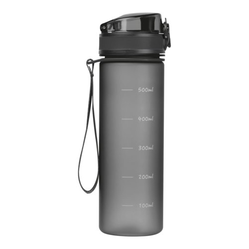 Black Tritan water bottle with carrying loop and fill level indicator.