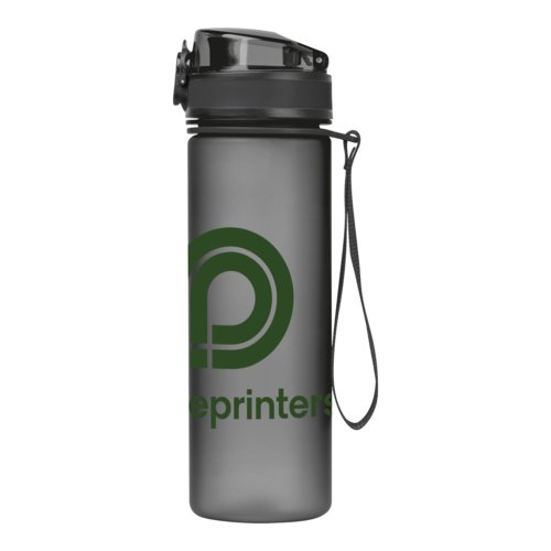 Black Tritan water bottle with screw cap and carrying loop.