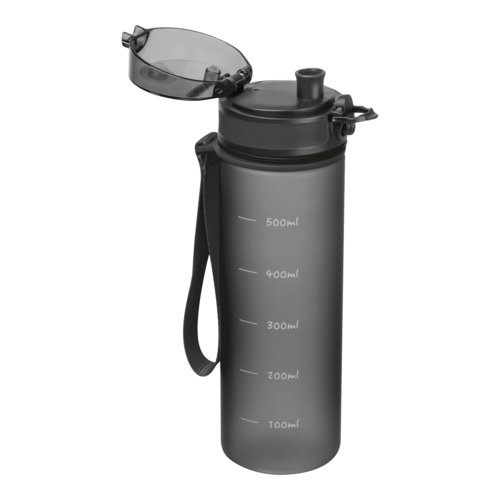 Black Tritan water bottle with screw cap and carrying loop.