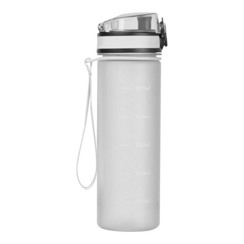 Transparent Tritan water bottle with lid and carrying loop.