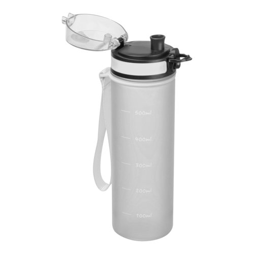 Transparent Tritan water bottle with carrying loop and pattern.