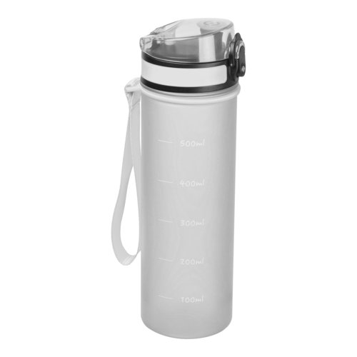 Transparent Tritan water bottle with pattern and carrying strap.