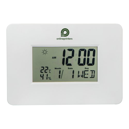 White wall clock with digital display.