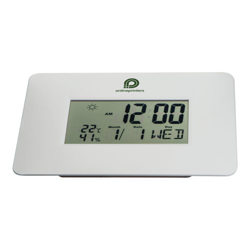 White desk clock with digital display.