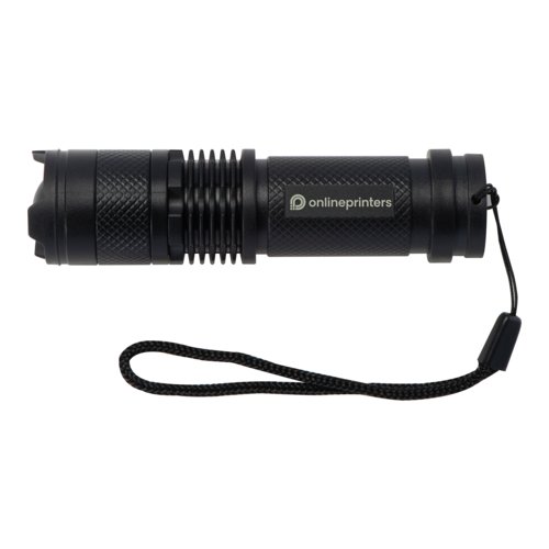 Black, rechargeable flashlight with wrist strap.