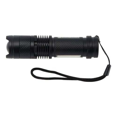 Black rechargeable metal flashlight with wrist strap.