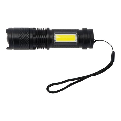 Black rechargeable flashlight with wrist strap.