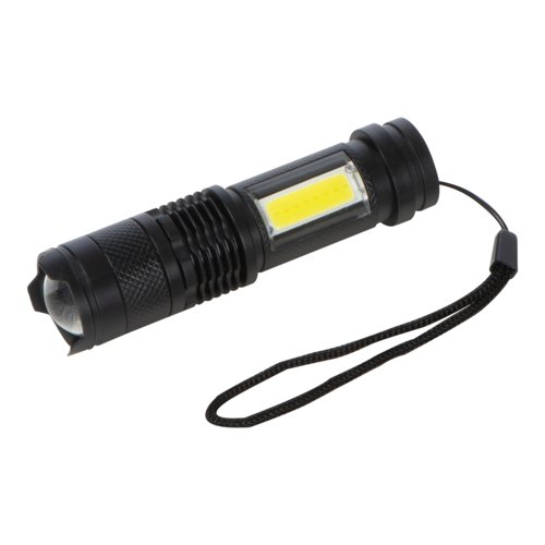 Black, rechargeable flashlight with wrist strap.