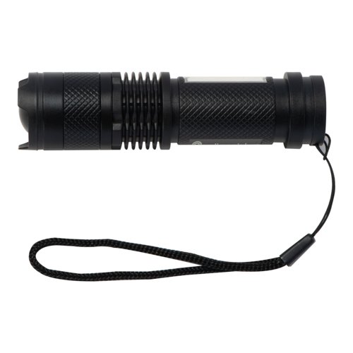 Black rechargeable flashlight with hand strap.