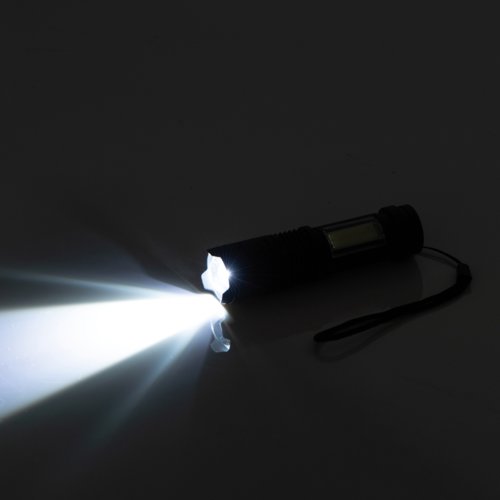 Black, rechargeable flashlight with carrying strap.
