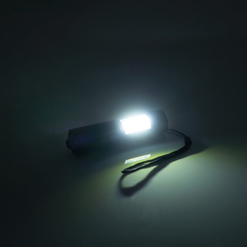 Black rechargeable flashlight with wrist strap.