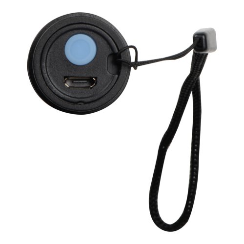 Black, rechargeable flashlight with hand strap.