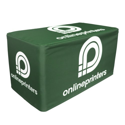 Green fabric seating cube for two people.