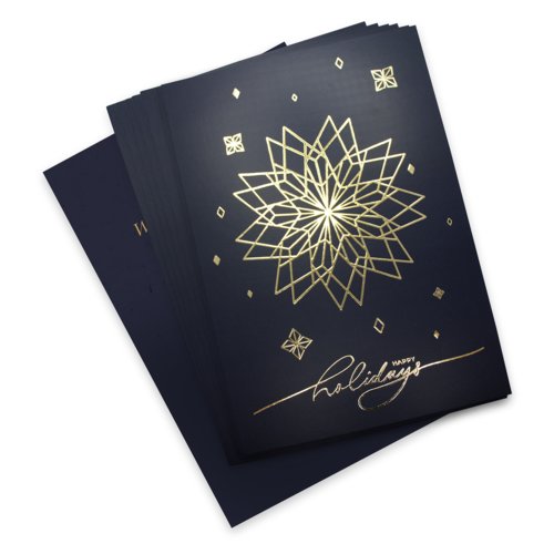 Dark blue paper postcards with partial hot foil stamping.