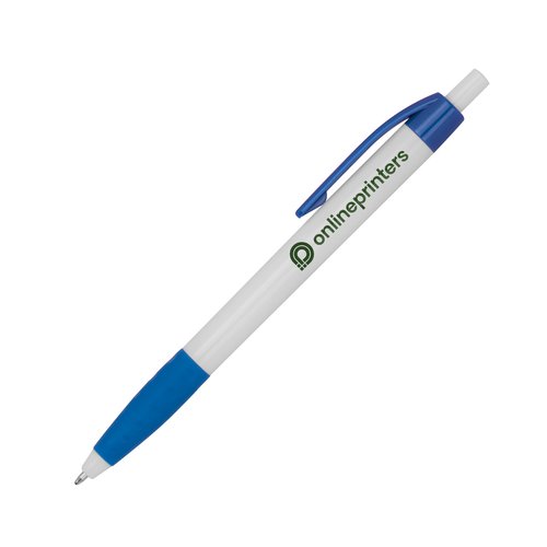 Blue plastic ballpoint pen with clip.