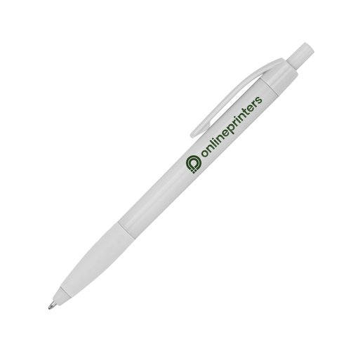 White plastic ballpoint pen with clip and push button.