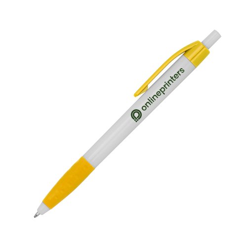 Yellow plastic ballpoint pen with clip and push button.