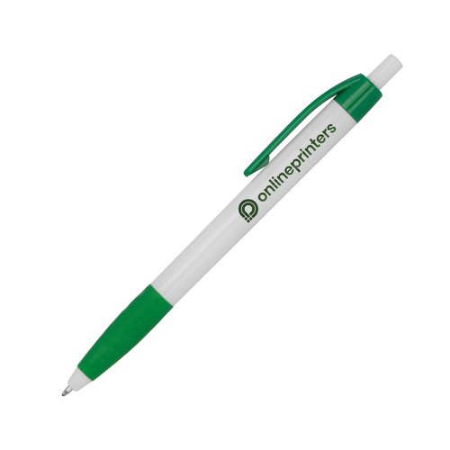 Plastic ballpoint pen with clip and push button.