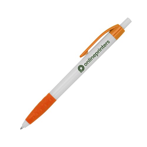 Orange plastic ballpoint pen with clip and push button.