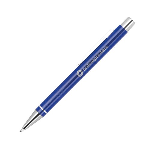 Blue gel pen with clip and push mechanism.