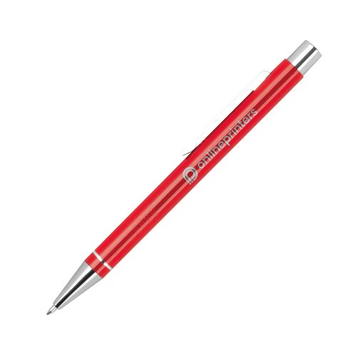 Red gel pen with clip and push mechanism.